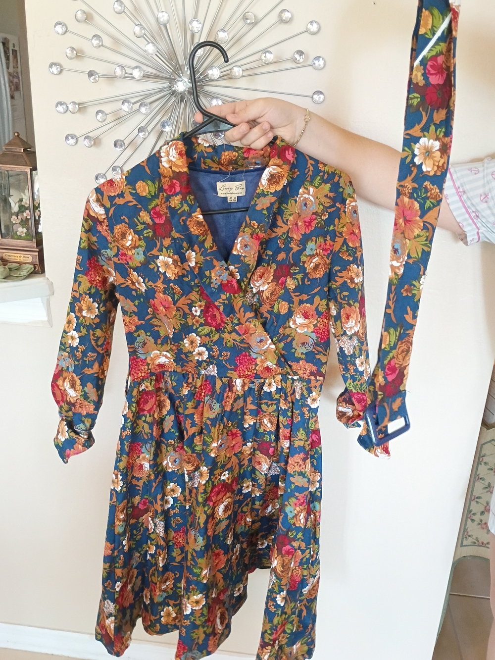 Woman's Floral Wrap Dress in Navy Blue  Cottage Holiday Long Sleeve